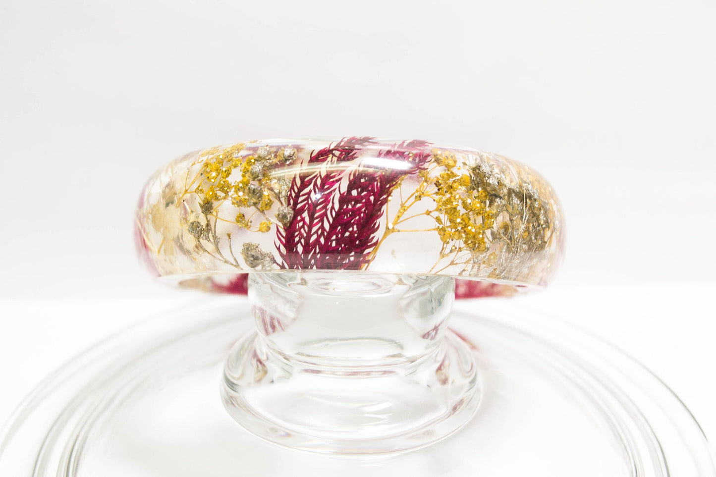 Handmade real flower resin bracelet with red pine ferns, gold and silver baby's breath. Christmas bracelet for women, nature jewelry gifts