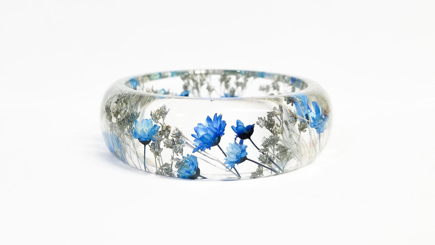 Unique gift for her, pressed flower jewelry, flower bracelet, navy and silver jewelry, flower jewelry, unique jewelry gifts, handmade gift