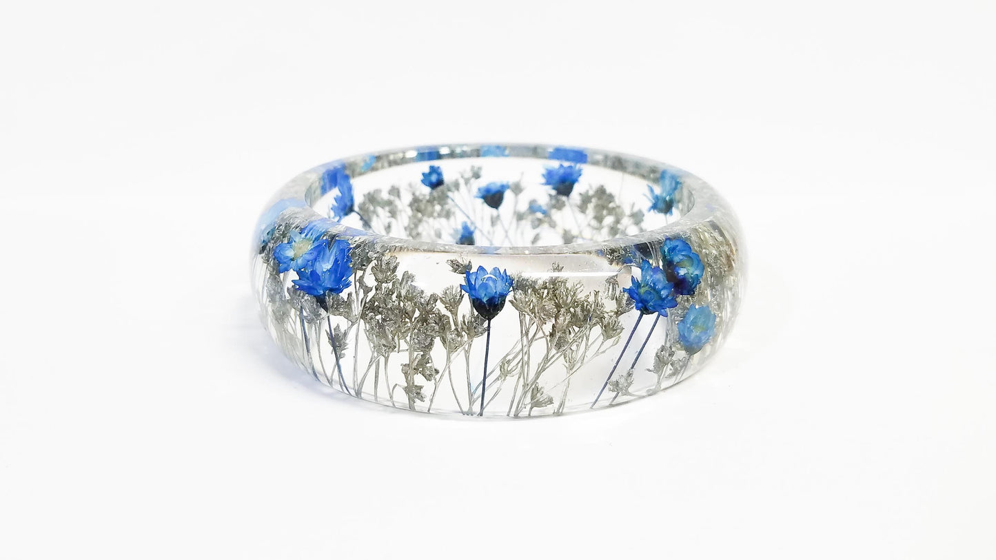 Unique gift for her, pressed flower jewelry, flower bracelet, navy and silver jewelry, flower jewelry, unique jewelry gifts, handmade gift