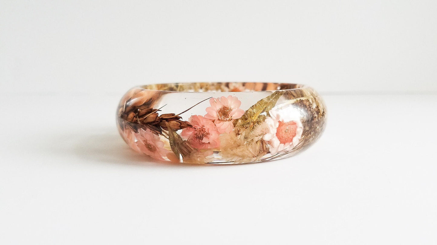 Gift for her Christmas, real flower bracelet, resin bangle, real wheat bracelet, handmade jewelry gift, best Christmas gift