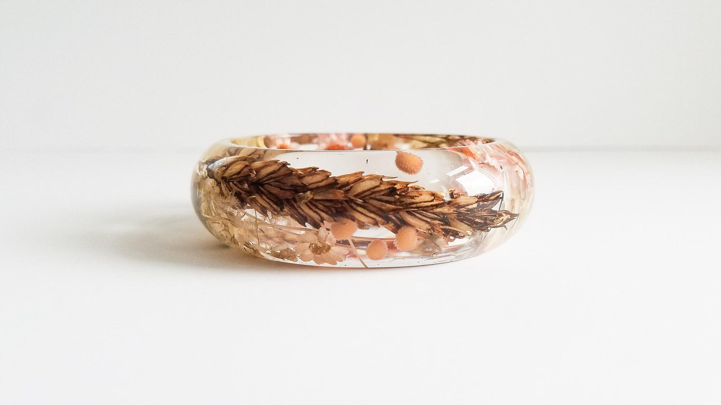 Gift for her Christmas, real flower bracelet, resin bangle, real wheat bracelet, handmade jewelry gift, best Christmas gift