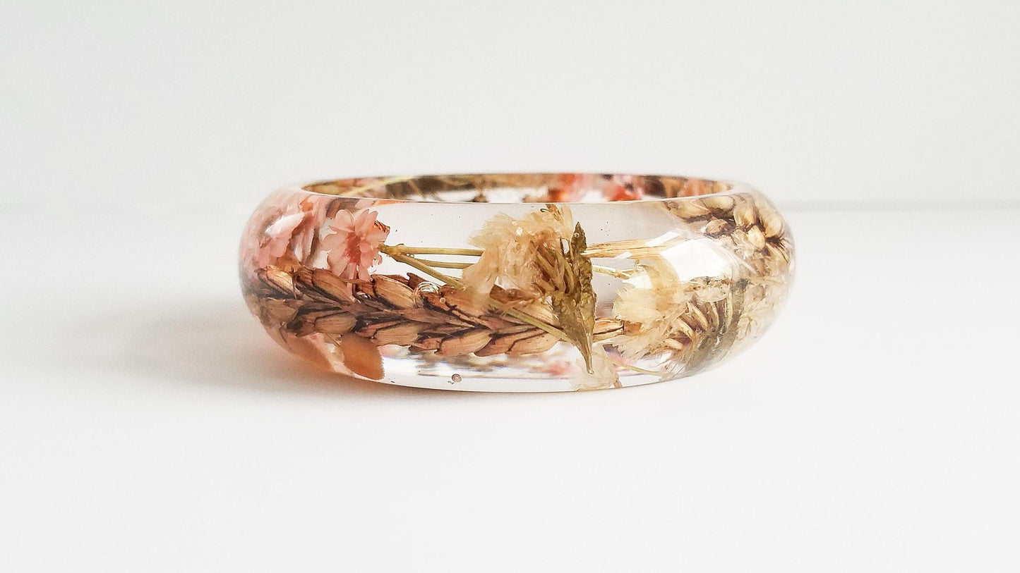 Gift for her Christmas, real flower bracelet, resin bangle, real wheat bracelet, handmade jewelry gift, best Christmas gift