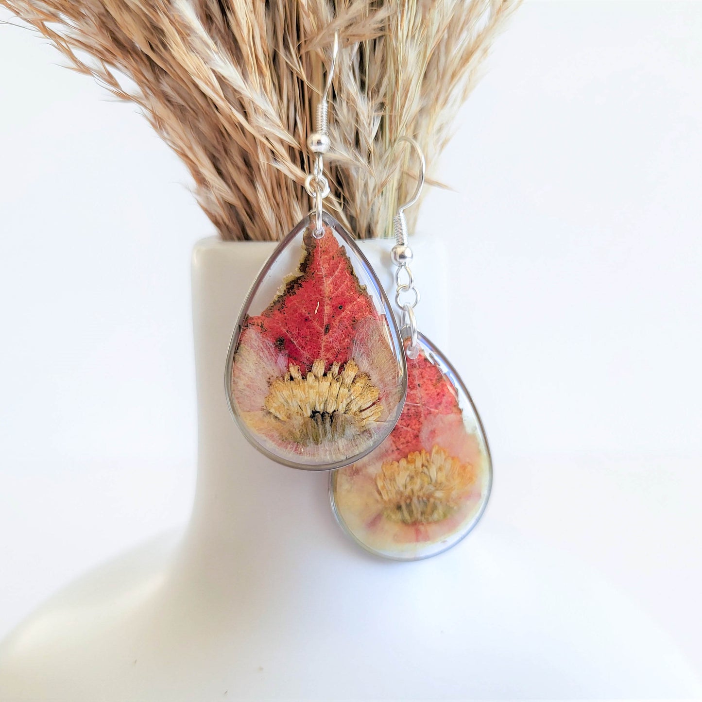 Fall earrings, autumn leaf jewelry, real flower earrings, resin jewelry, fall gifts, nature jewelry, botanical jewelry