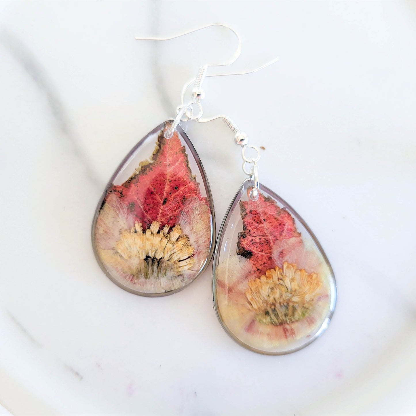 Fall earrings, autumn leaf jewelry, real flower earrings, resin jewelry, fall gifts, nature jewelry, botanical jewelry