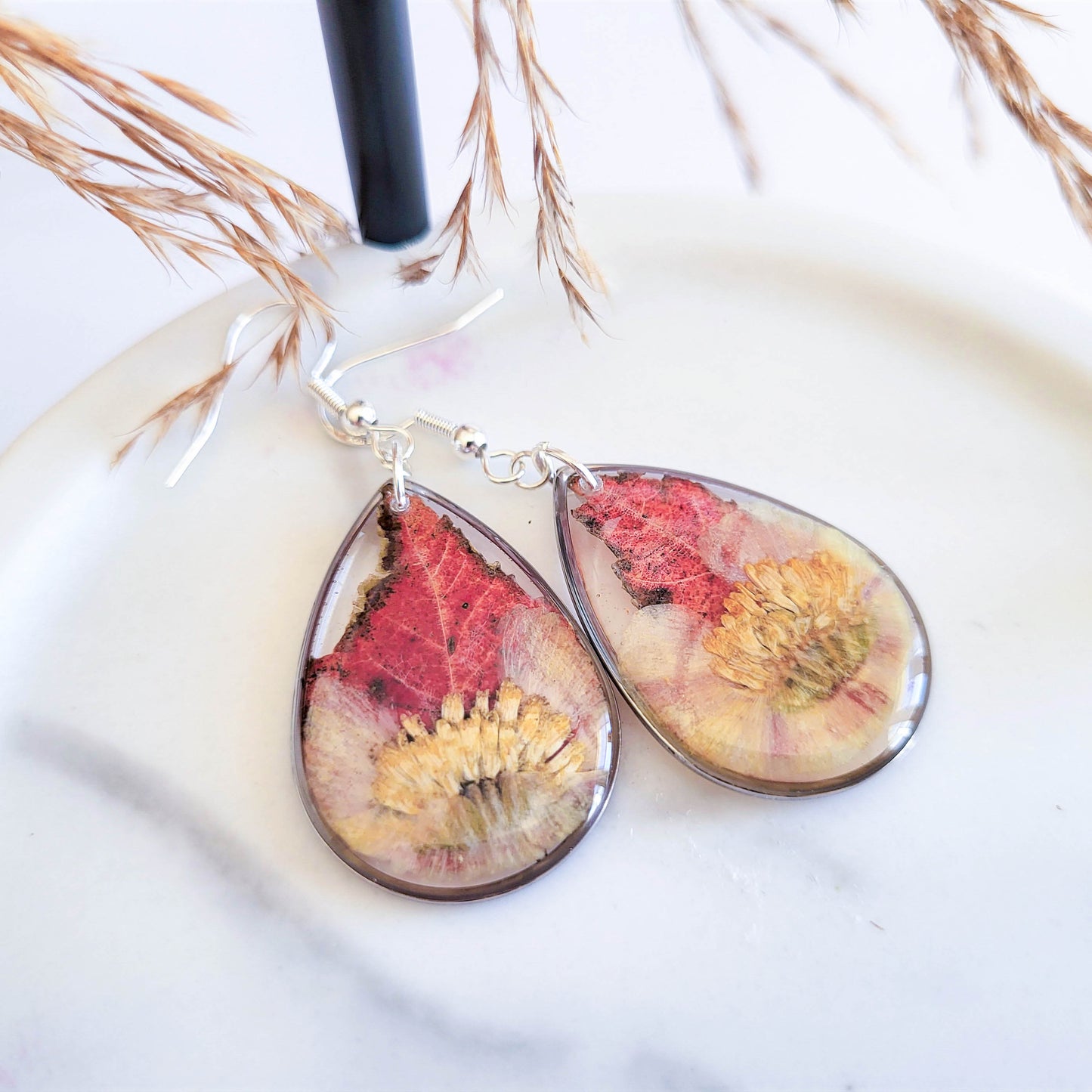 Fall earrings, autumn leaf jewelry, real flower earrings, resin jewelry, fall gifts, nature jewelry, botanical jewelry