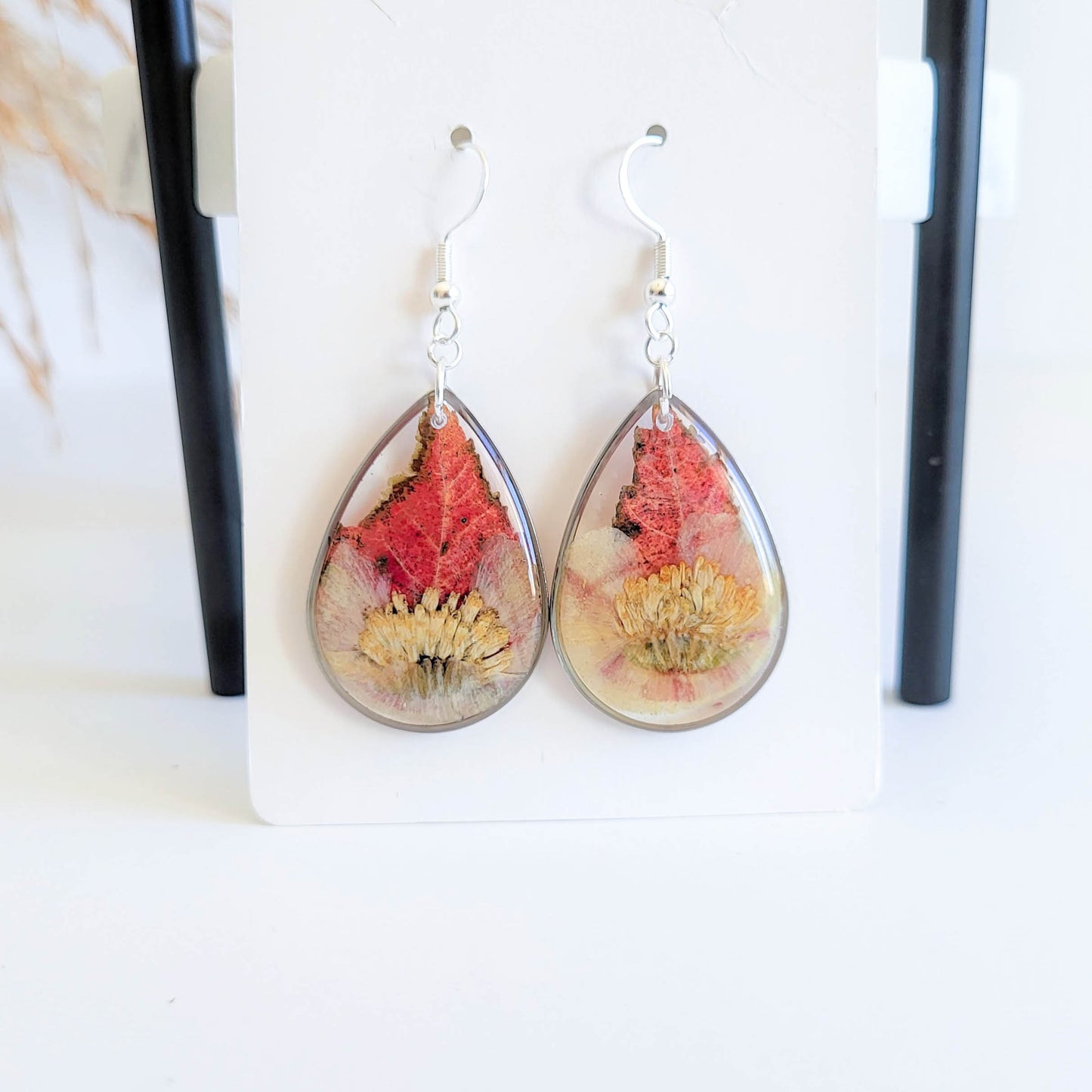 Fall earrings, autumn leaf jewelry, real flower earrings, resin jewelry, fall gifts, nature jewelry, botanical jewelry