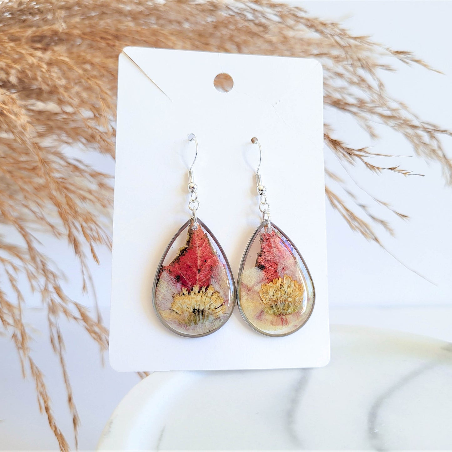 Fall earrings, autumn leaf jewelry, real flower earrings, resin jewelry, fall gifts, nature jewelry, botanical jewelry