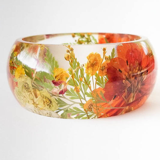 pressed flower bracelet, resin bracelet, resin bangle, flower jewelry, flower bloom jewelry, pressed flower bracelet, burnt orange jewelry