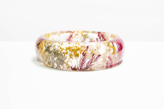 Handmade real flower resin bracelet with red pine ferns, gold and silver baby's breath. Christmas bracelet for women, nature jewelry gifts