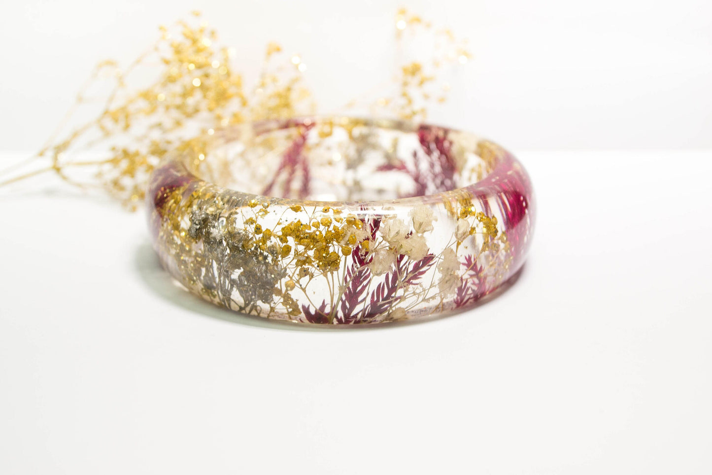 Handmade real flower resin bracelet with red pine ferns, gold and silver baby's breath. Christmas bracelet for women, nature jewelry gifts