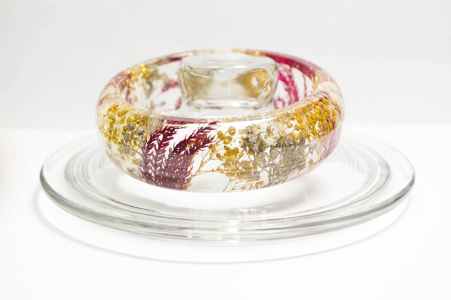 Handmade real flower resin bracelet with red pine ferns, gold and silver baby's breath. Christmas bracelet for women, nature jewelry gifts