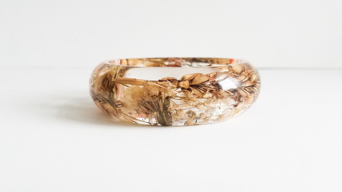 Gift for her Christmas, real flower bracelet, resin bangle, real wheat bracelet, handmade jewelry gift, best Christmas gift