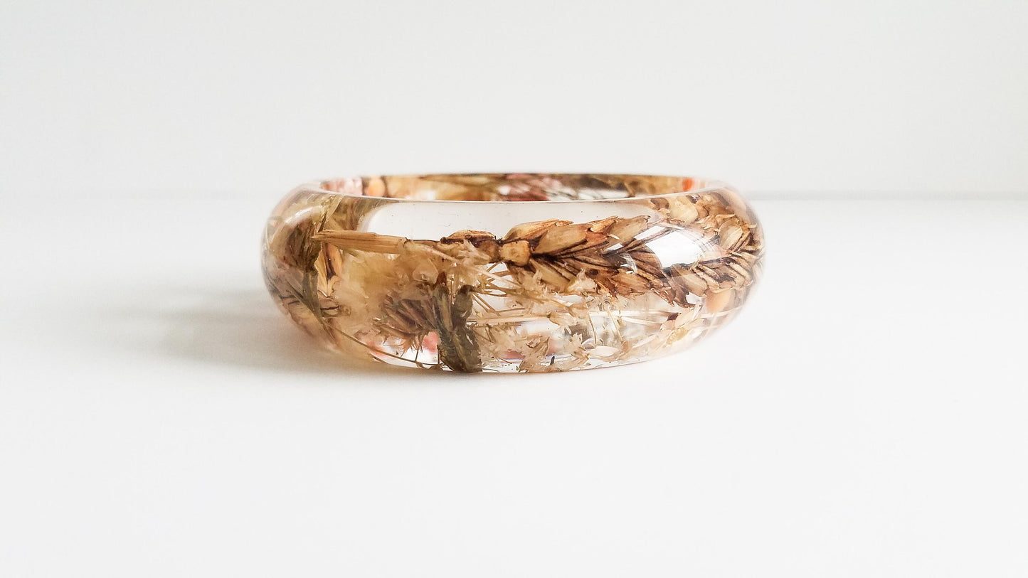 Gift for her Christmas, real flower bracelet, resin bangle, real wheat bracelet, handmade jewelry gift, best Christmas gift